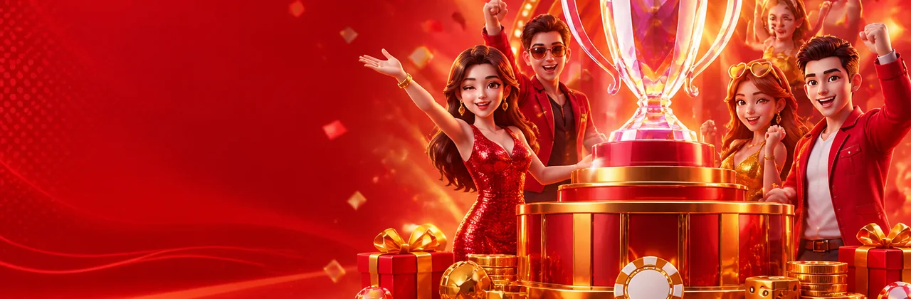 Sân khấu bảng xếp hạng với cúp pha lê và pháo giấy
